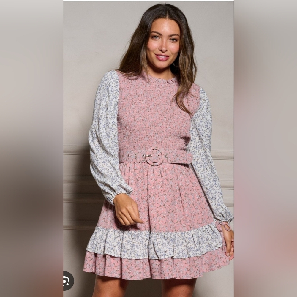 the clothing company NWT Pink Floral Smocked Belted Long Sleeve Dress S/M/L